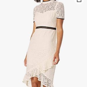 Timeless lace short sleeve dress in XS, ivory lace with black trim & high neck,